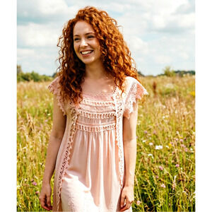 Nicole Marie vintage lace trimmed lined boho cottage core hippie Ecru dress